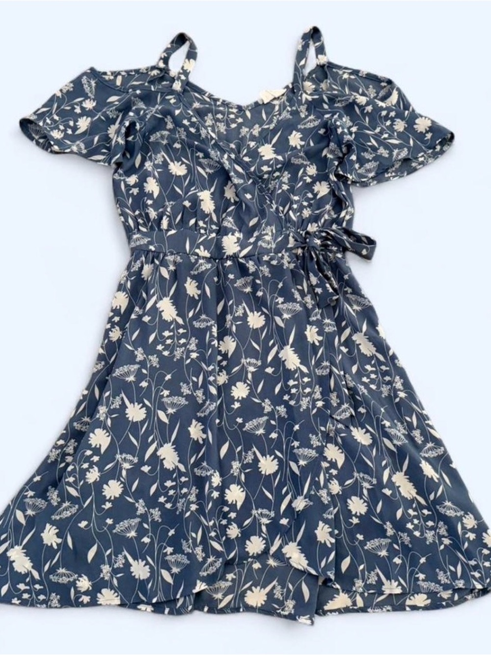 Blue Floral Wrap Dress with White Floral